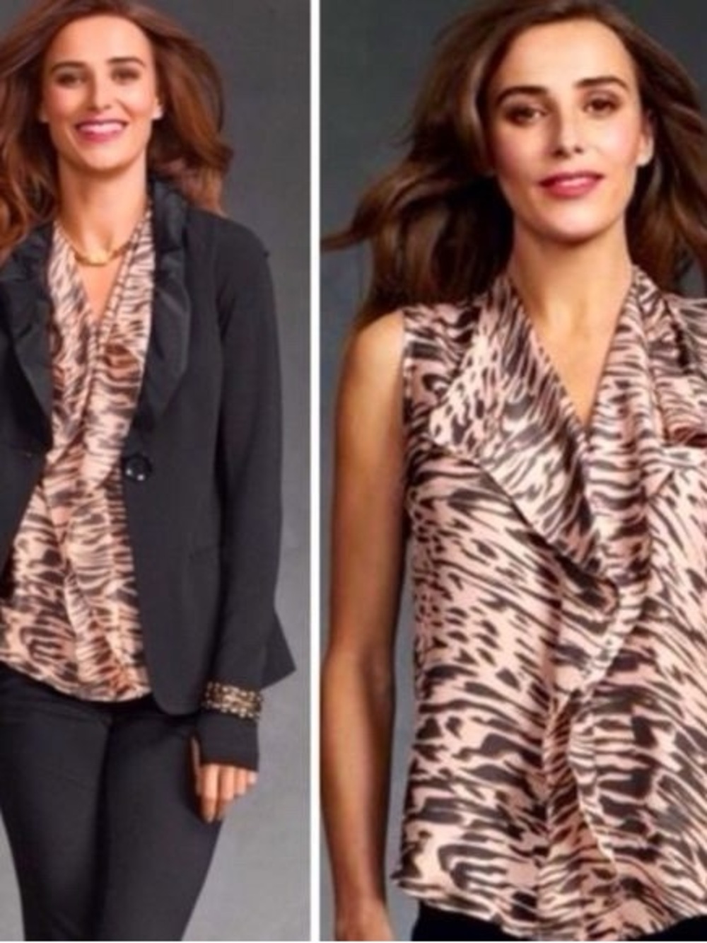Cabi Women’s Just So 100% Silk Pink Gray Animal Print Blouse Size Medium Draped